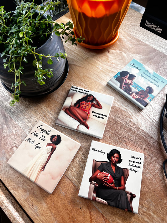Set of 4 Cermamic Coasters with Vintage & Feminist Inspired Design - Home Decor Gift